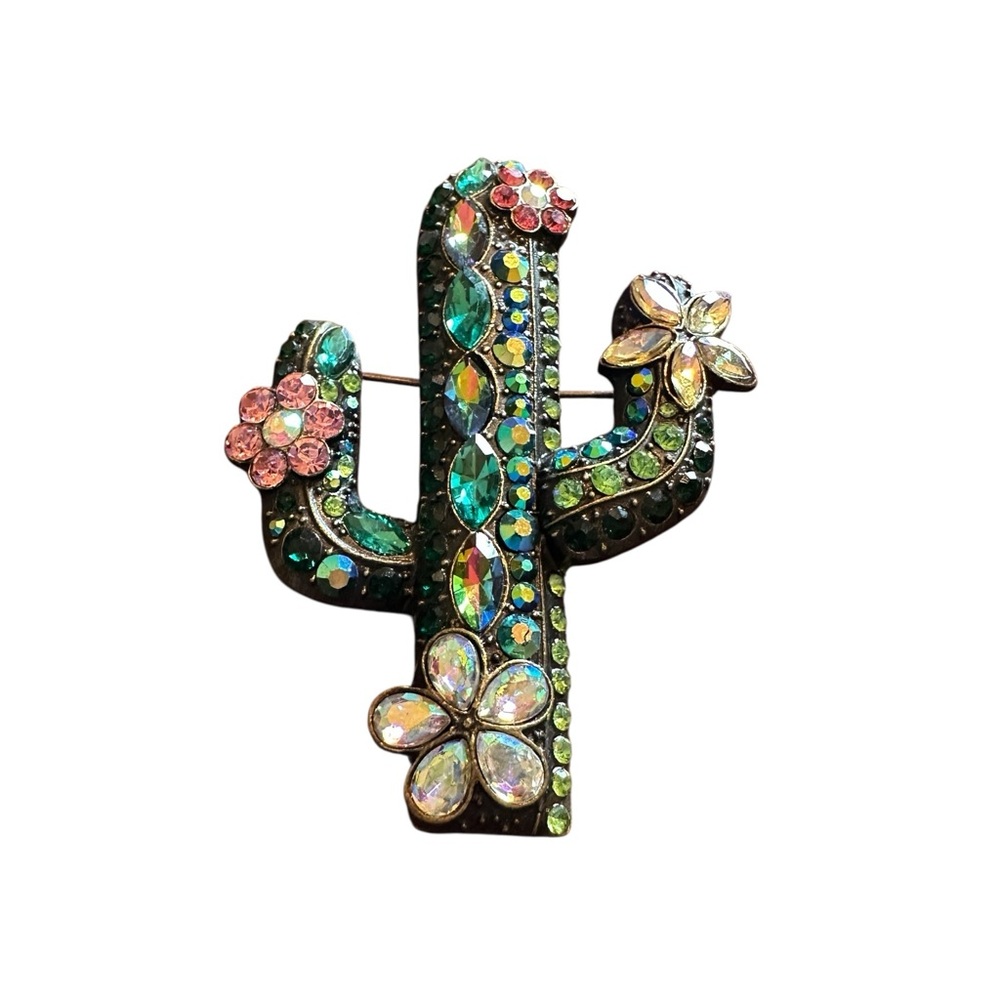 Colorful Saguaro Cactus Brooch Pin with Rhinestone Accents